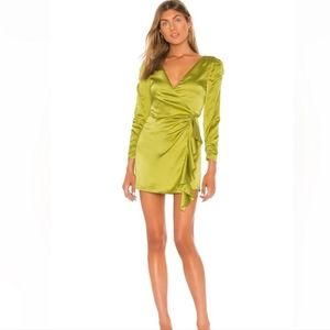 Song of Style Dala Wrap Mini Puff Sleeve Dress Chartreuse SzXL